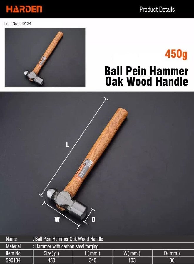 Harden 450 grams Professional Ball Pein Peen Hammer with Oak Wood Handle - Forged Fine Grain Steel Head - 590134 - Image 3